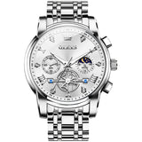 Silver wristwatch with detailed face on a white background
